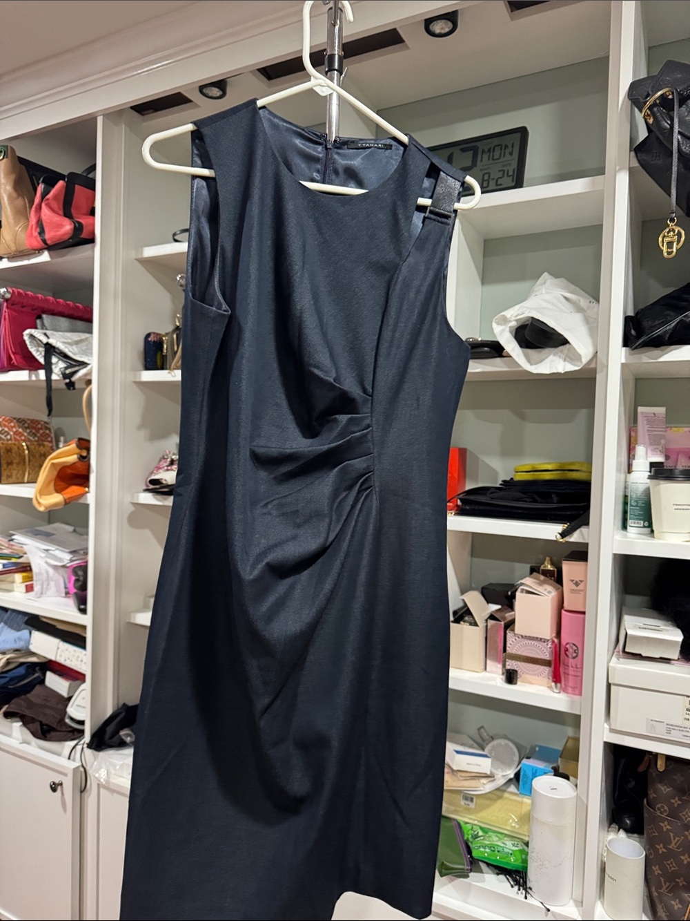 T Tahari Black Sleeveless Draped Midi Sheath Dress